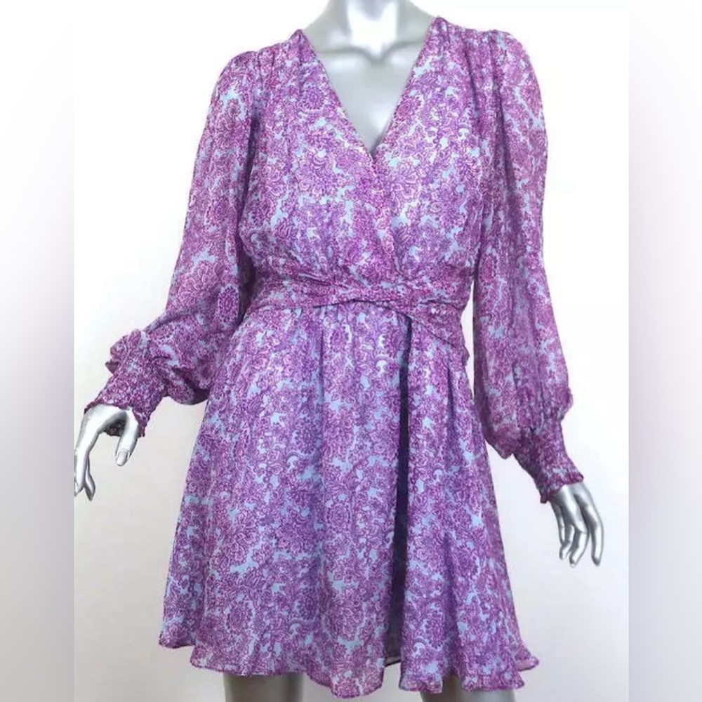 AMUR TWIST-FRONT DRESS PURPLE/BLUE PRINTED SILK CHIFFON SIZE 4 LONG SLEEVE MINI